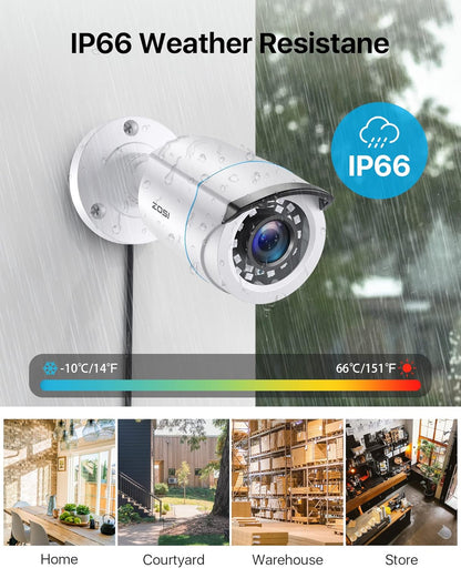 ZOSI 1080P Video Surveillance Kit, 8CH H.265+ DVR with 4X Outdoor Surveillance Cameras, 24 IR LEDs Night Vision, Motion Detection, Email Alert, IP66 Waterproof, No HDD, White