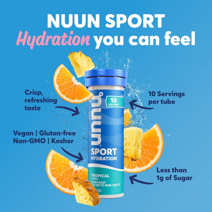 Nuun Sport: Electrolyte-Rich Sports Drink Tablets, Tropical, Box of 8 Tubes (80 servings), Sports Drink for Replenishment of Essential Electrolytes Lost Through Sweat