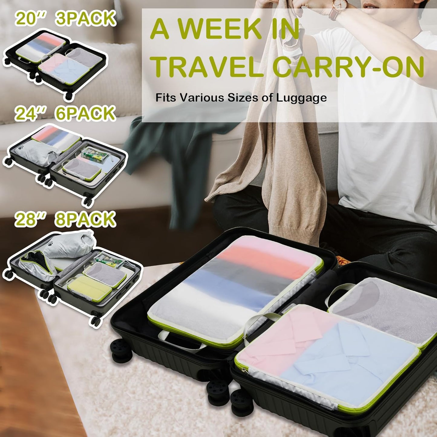 Cipway Suitcase Organizer, Compression Packing Cubes, Mesh Design, Space Saving Travel Bags Set Vacuum Bags Travel Clothes for Backpacks or Hand Luggage (White)