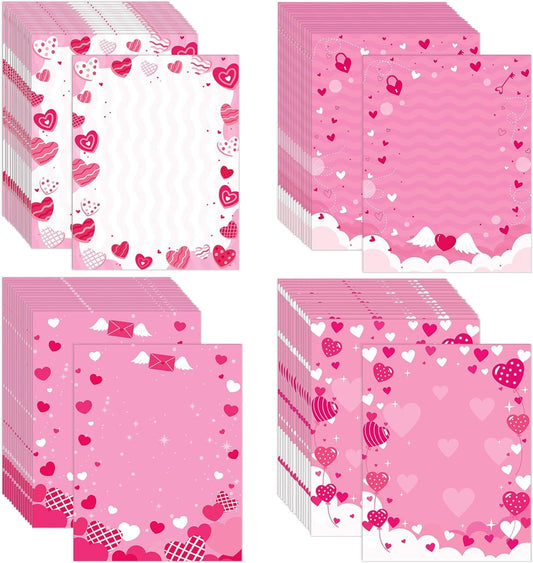 GLKTOPO 60 Sheets Valentine's Day Stationery Paper A4 Border Letterhead - Double Sided Pink Love Festival Writing Letter Paper for Notes Cards Invitation Crafts Printing Supplies - 8.5" x 11"