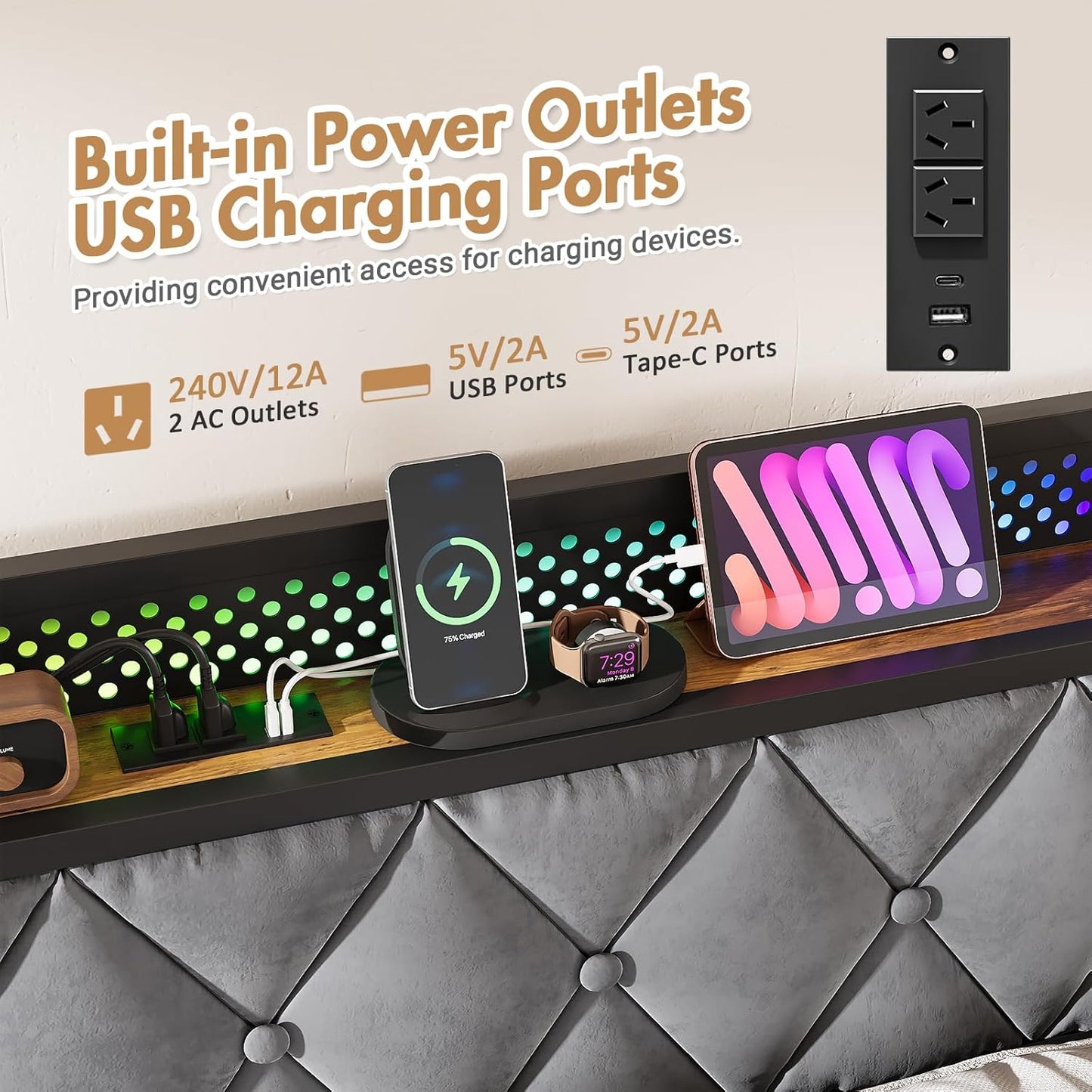 ADVWIN Queen Size Bed Frame, Storage Headboard with Led & Charging Station, Industrial Upholstered Platform Bed with Metal Mattress Base Support, No Box Spring Needed, Rustic Brown & Gray (Queen)