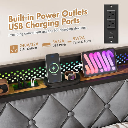 ADVWIN Queen Size Bed Frame, Storage Headboard with Led & Charging Station, Industrial Upholstered Platform Bed with Metal Mattress Base Support, No Box Spring Needed, Rustic Brown & Gray (Queen)