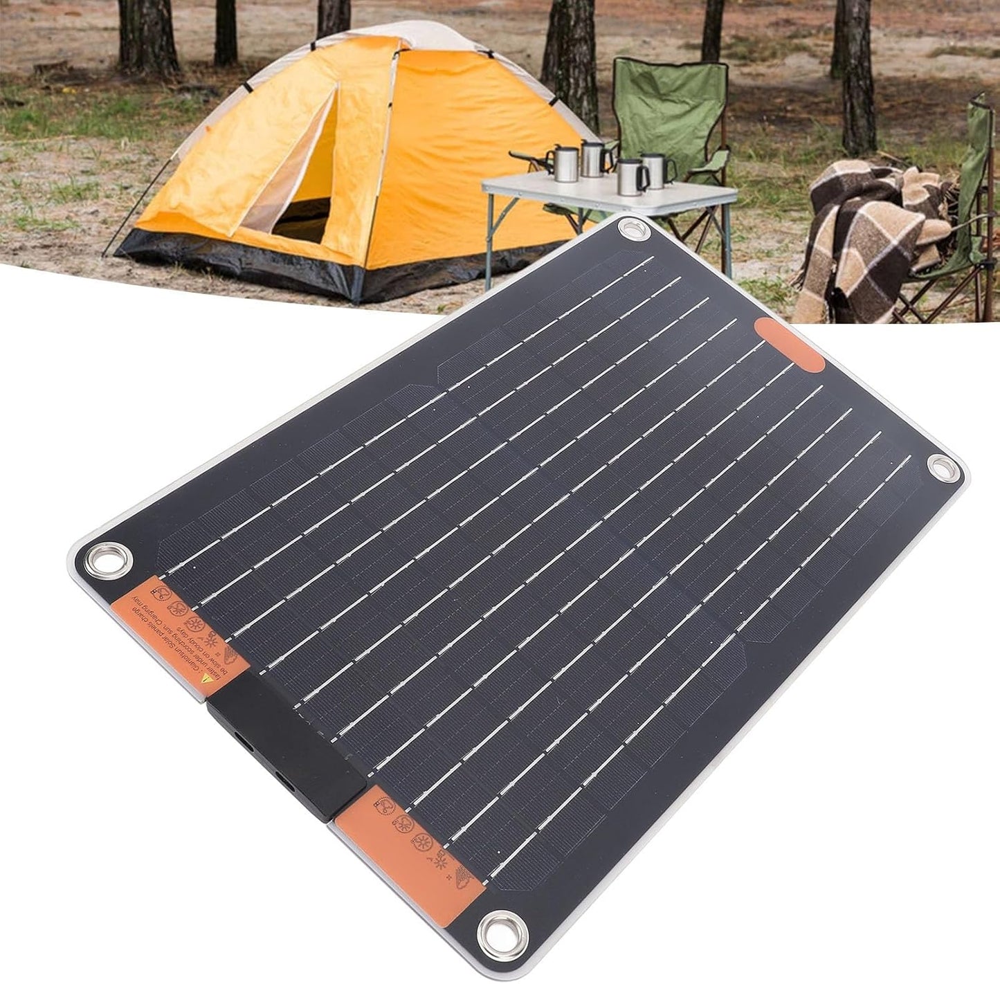 Solar Panel, 15W 5V Portable Monocrystalline Solar Panel Power Charger, Waterproof Portable Power Station with Suction Cup and 2 USB C Ports for Camping Hiking Phone Charging