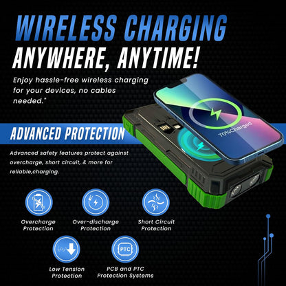 TPG 20000mAh Solar Power Bank with Wireless Charging, 22.5W Output, Portable Charger with Built-in 4 Cables and Flashlight - Ideal Battery Pack for Hiking, Camping, Travel, and Emergency Use