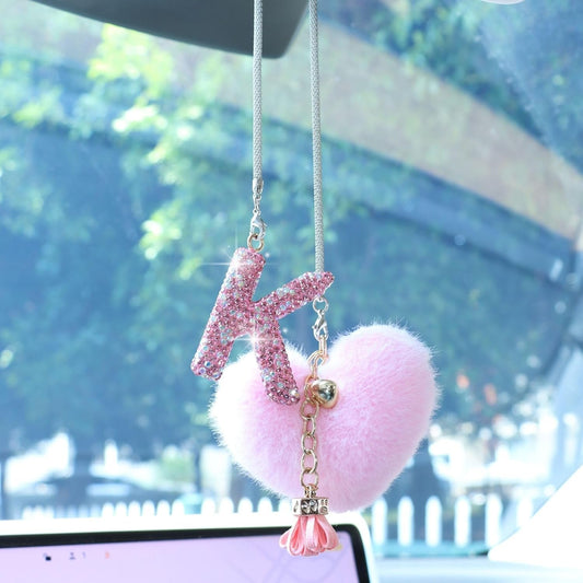 MOTOFITOOL Bling Pink Car Accessories for Women Letter Charm, Rainbow Color Rear View Mirror Cute Crystal Pendant Car Decorations, Lucky Gifts Girly Diamond Rhinestone Charm Interior(K, Tassel Heart)