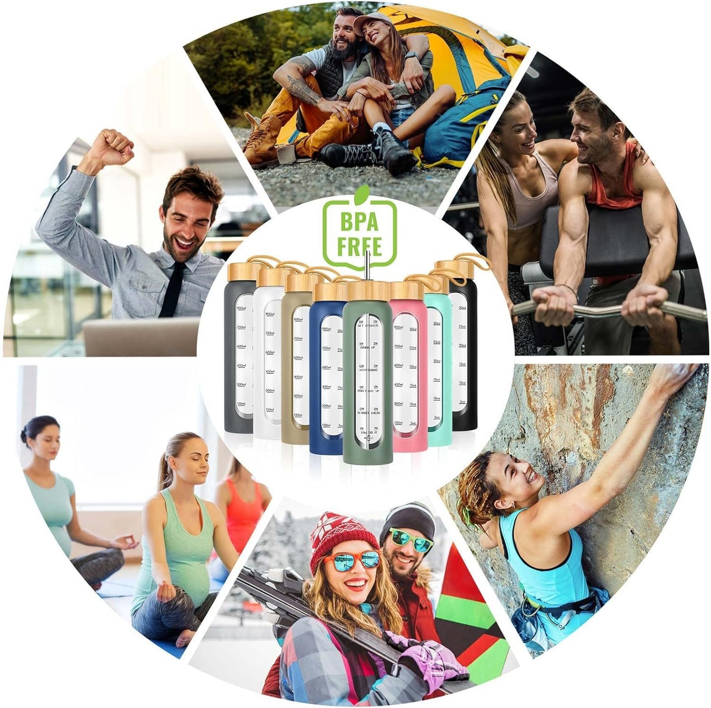 SipZest 32 oz Glass Water Bottle with Straw - Motivational Time Marker & Silicone Sleeve - Reusable Tumbler Includes 2 Bamboo Lids & Fruit Infuser - 1 Pack