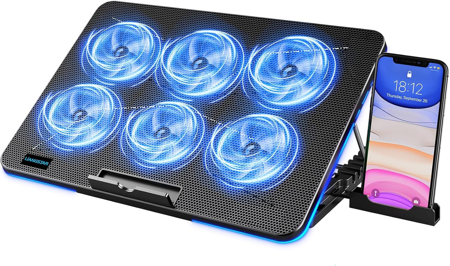 LIANGSTAR Laptop Cooling Pad, Laptop Cooler with 6 Quiet Fans for 12-17 Inch Notebook Gaming Fan Stable Stand, 7 Height & Wind Speed Adjustable, Blue LED Light can Turned Off，2 USB Port & Phone Holder
