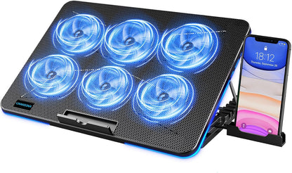 LIANGSTAR Laptop Cooling Pad, Laptop Cooler with 6 Quiet Fans for 12-17 Inch Notebook Gaming Fan Stable Stand, 7 Height & Wind Speed Adjustable, Blue LED Light can Turned Off，2 USB Port & Phone Holder