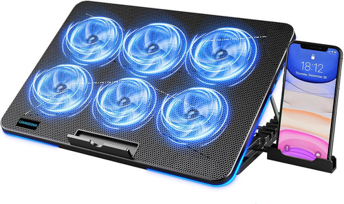 LIANGSTAR Laptop Cooling Pad, Laptop Cooler with 6 Quiet Fans for 12-17 Inch Notebook Gaming Fan Stable Stand, 7 Height & Wind Speed Adjustable, Blue LED Light can Turned Off，2 USB Port & Phone Holder