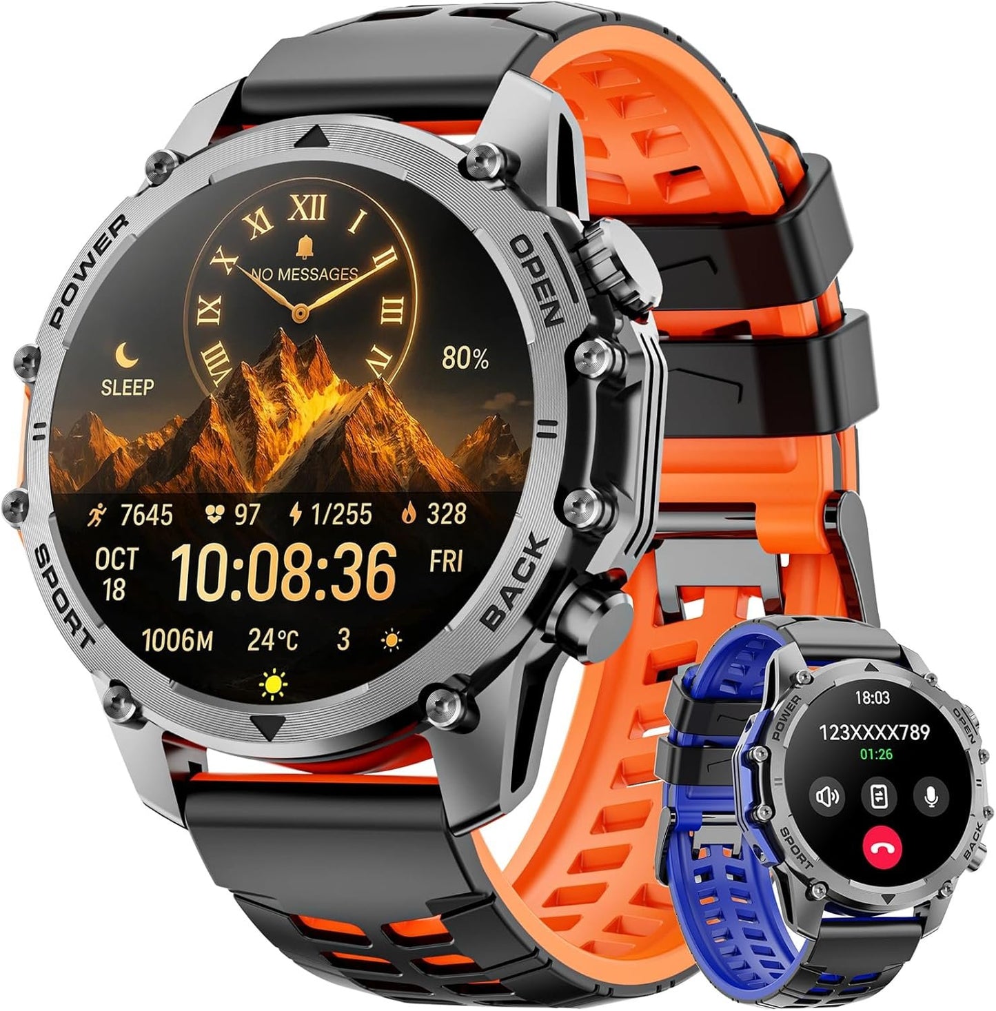 Smart Watch for Men Women(Calls/Answer) 1.52'' Military Smart Watch for Android iPhone,100+ Sport Modes/Heart Rate/Sleep Monitor,2025 New Fitness Tracker Two Bands and Accessories Kits-Orange,Blue
