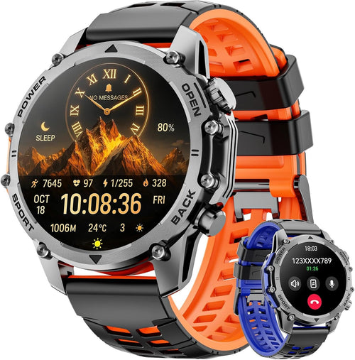 Smart Watch for Men Women(Calls/Answer) 1.52'' Military Smart Watch for Android iPhone,100+ Sport Modes/Heart Rate/Sleep Monitor,2025 New Fitness Tracker Two Bands and Accessories Kits-Orange,Blue
