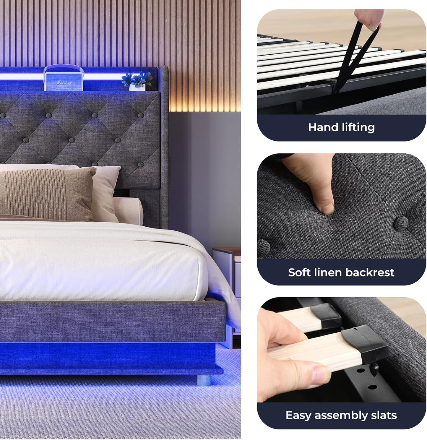 Levede Double Bed Frame,Fabric Upholstered Bed Base with Gas Lift Storage, RGB LED Lights, USB Charging,Headboard,Under Bed Storage Space, Easy Assembly, Bedroom Furniture