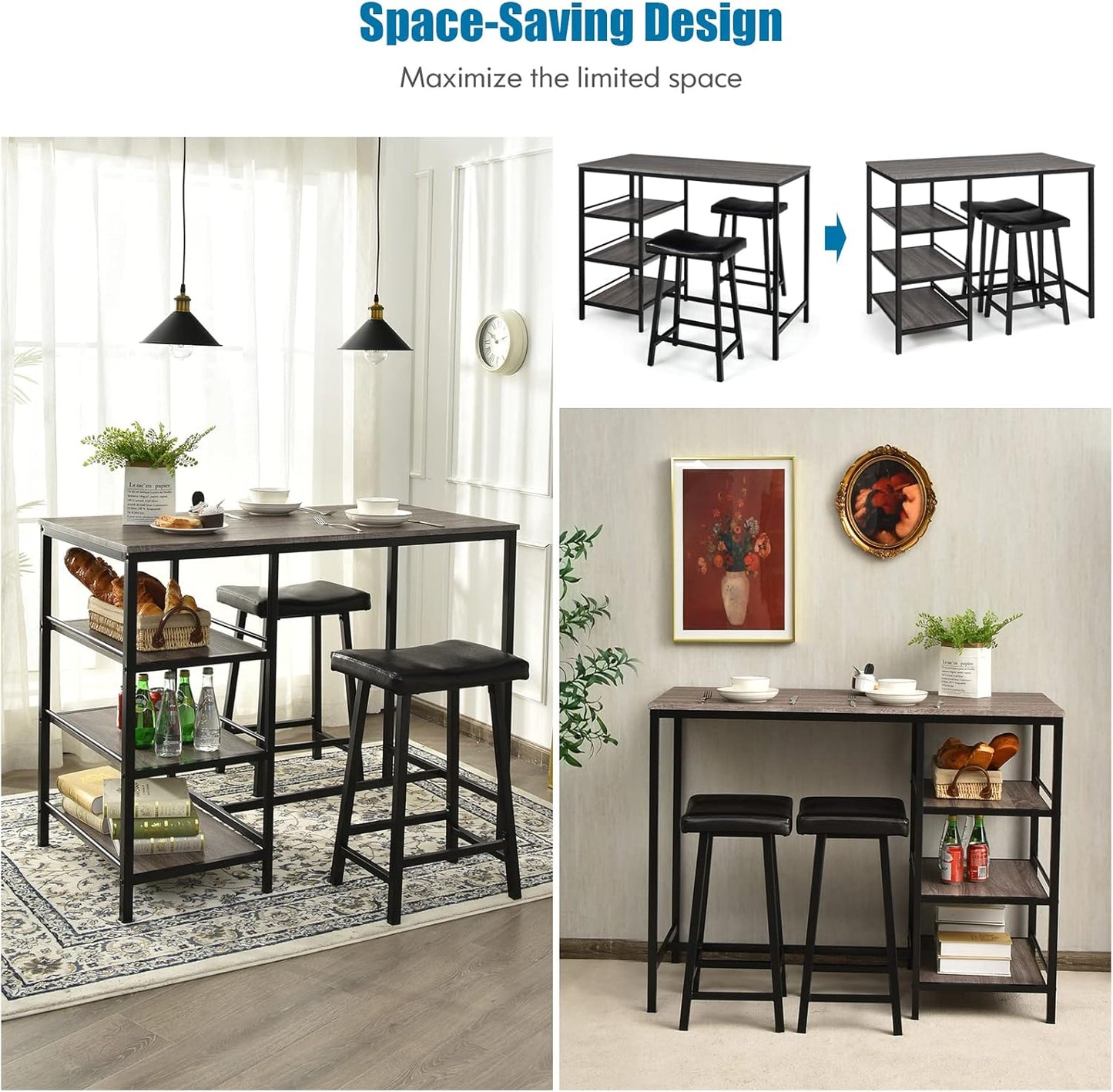 Giantex 3-Piece Dining Table Set, Counter Height Table Set w/2 Bar Stools, Modern Industrial Bar Table Set w/3 Tier Storage Shelves, Iron Frame, Soft Cushion, Perfect for Home, Kitchen, Dining Room