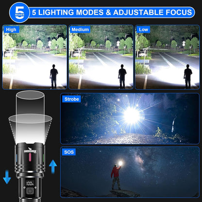 Shadowhawk LED Torch Rechargeable 30000 Lumens, 1500M Long Throw Flashlight, LCD Display Handheld Torches, XHM90.2 Super Bright Tactical Flashlight, Powerful Flash Light for Camping Hunting Gifts