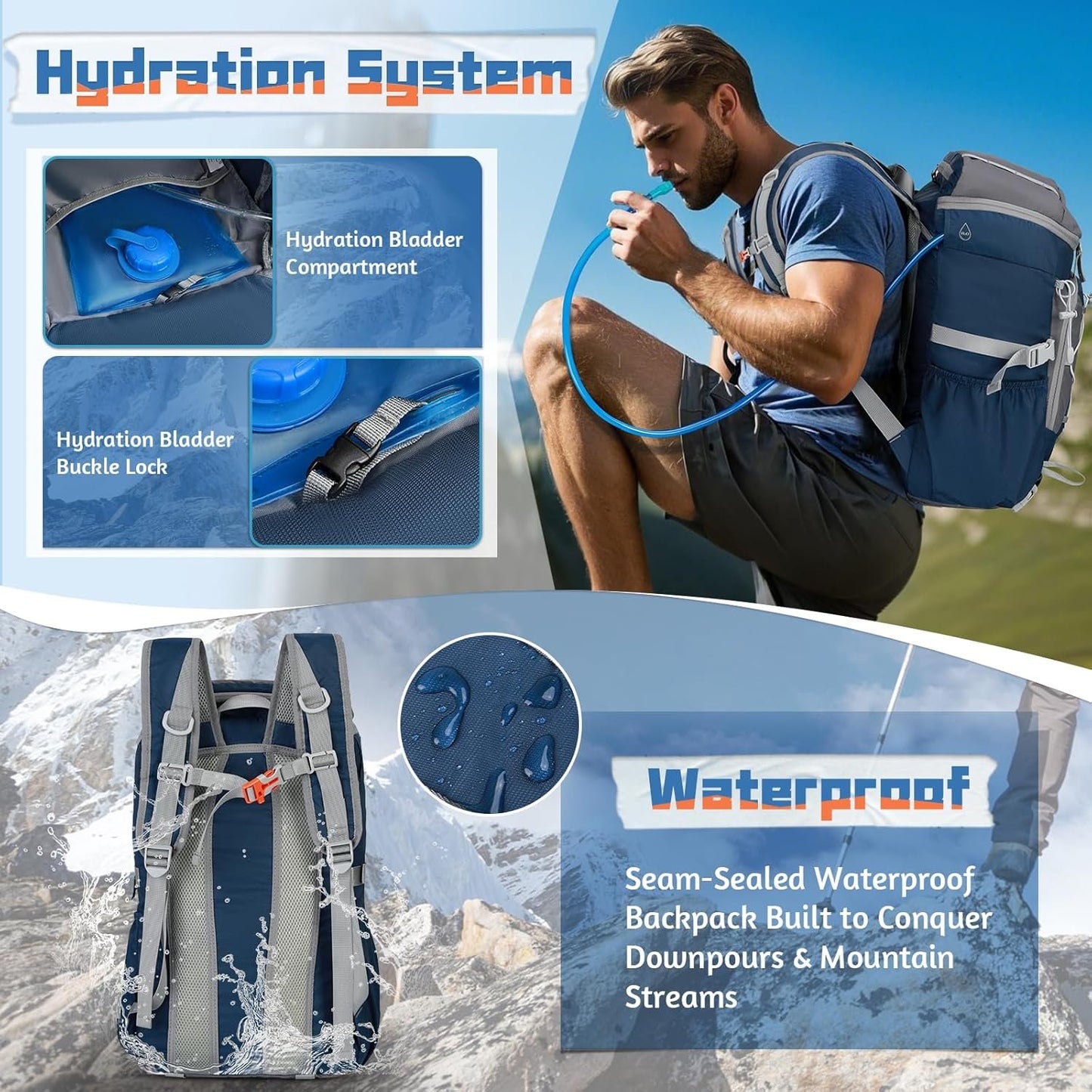 RAINSMORE Packable Hiking Backpack for Men Women Foldable Camping Backpack 40L Waterproof Hiking Daypack Lightweight