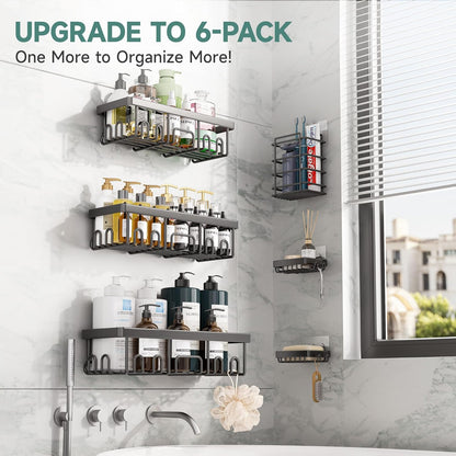 Veken Stainless Steel Shower Caddy 6-Pack, No Drilling & Rustproof, Waterproof Adhesive Shelves Rack with Soap Holder, Large Capacity Bathroom Organizers and Storage, Wall-Mounted Kitchen & Home Decor