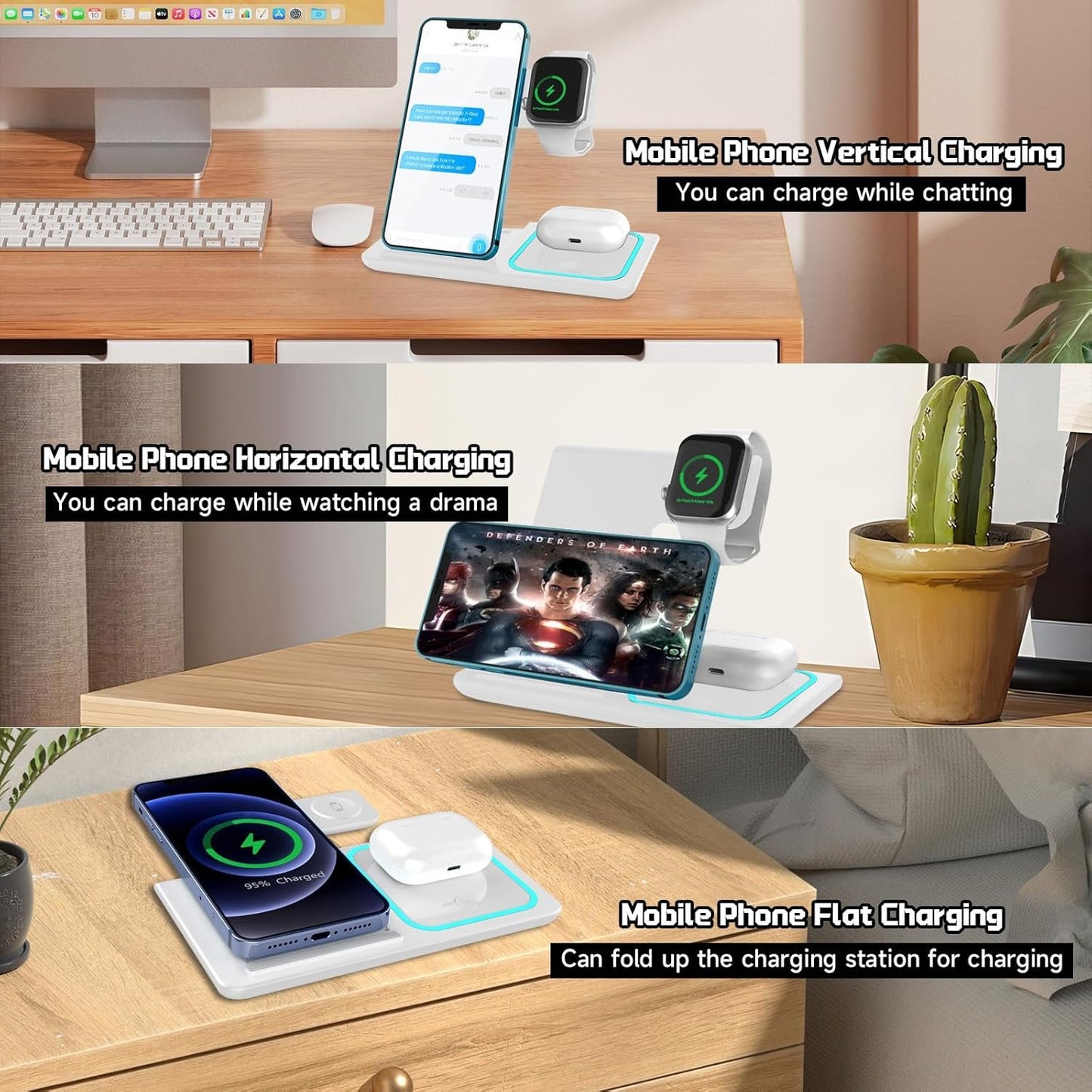 Naxifly Wireless Charging Station,15W Fast Wireless 3 in 1 Charging Station,Universal for Android and iPhones Wireless Charger for iPhone 16/15/14/13/12 Pro & Max Series,AirPods,Apple Watch (White)