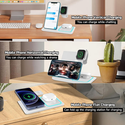 Naxifly Wireless Charging Station,15W Fast Wireless 3 in 1 Charging Station,Universal for Android and iPhones Wireless Charger for iPhone 16/15/14/13/12 Pro & Max Series,AirPods,Apple Watch (White)