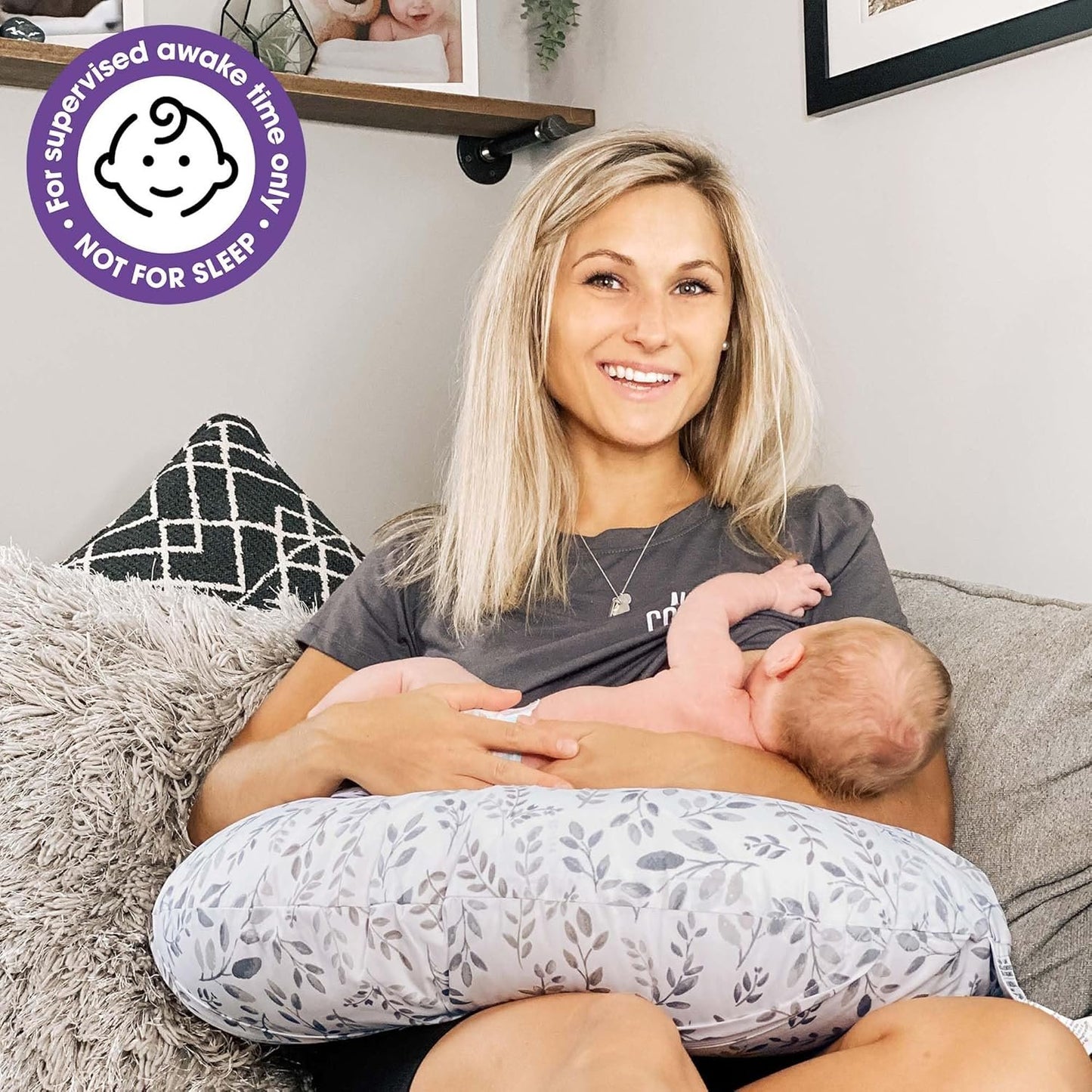 Boppy Nursing Pillow and Positionerâ€”Original | Gray Taupe Watercolor Leaves | Breastfeeding, Bottle Feeding, Baby Support | with Removable Cotton Blend Cover | Awake-Time Support