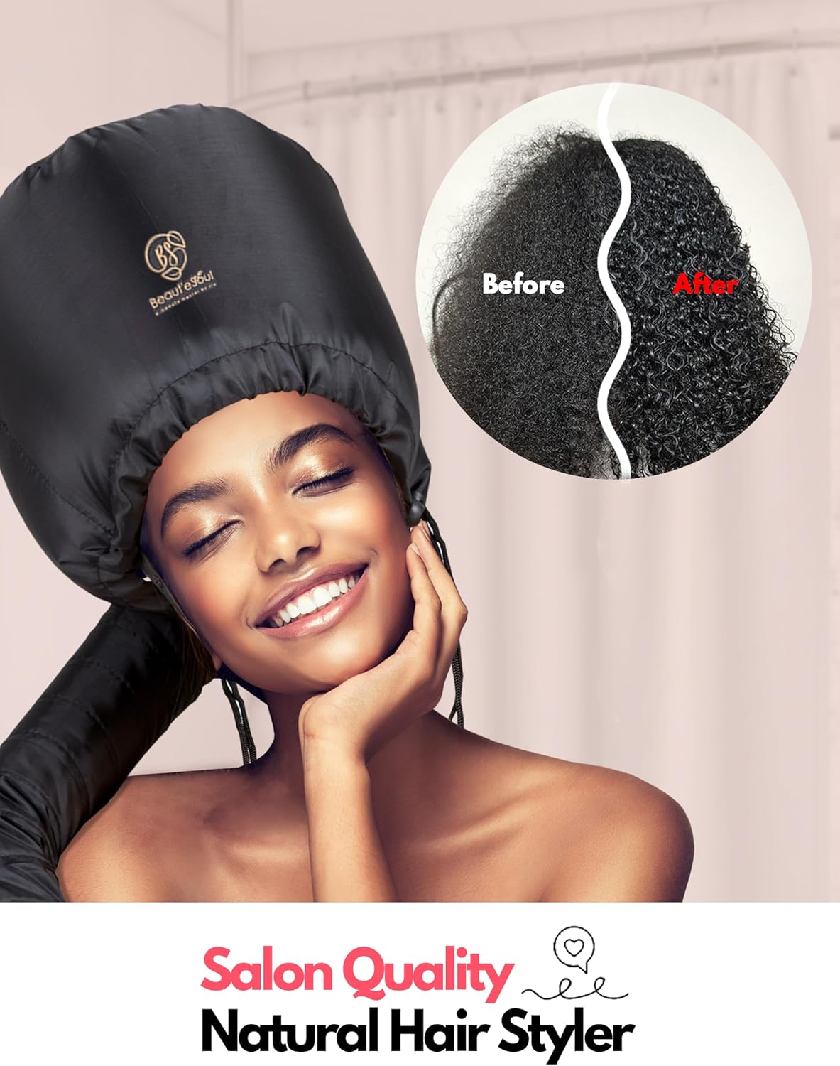 BEAUT'E SEOUL Soft Bonnet Hair Dryer Attachment - Upgraded Adjustable & Large Hood for Hand Held Dryers - Soft Blow Dryer Caps for Natural Curly Textured Hair Styling, Deep Conditioning & Fast Drying