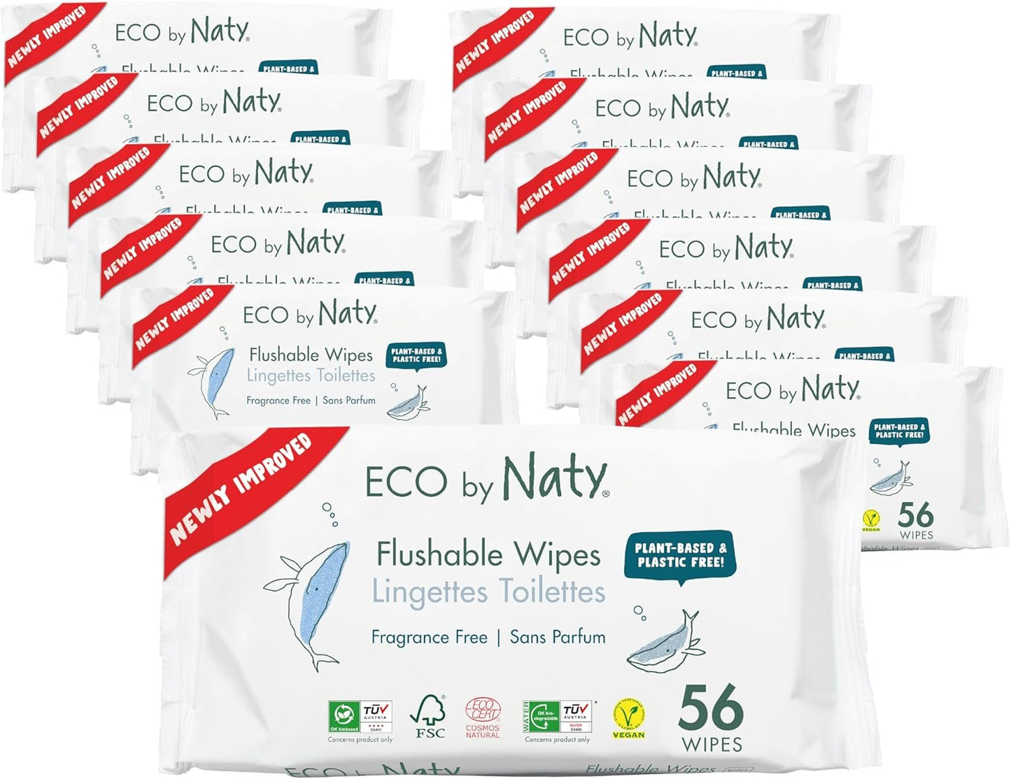 Eco by Naty Flushable Baby Wipes - Compostable and Plant-Based Wipes, Chemical-Free and Hypoallergenic Baby Wipes Safe for Baby Sensitive Skin (672 Count - 12 packs of 56)