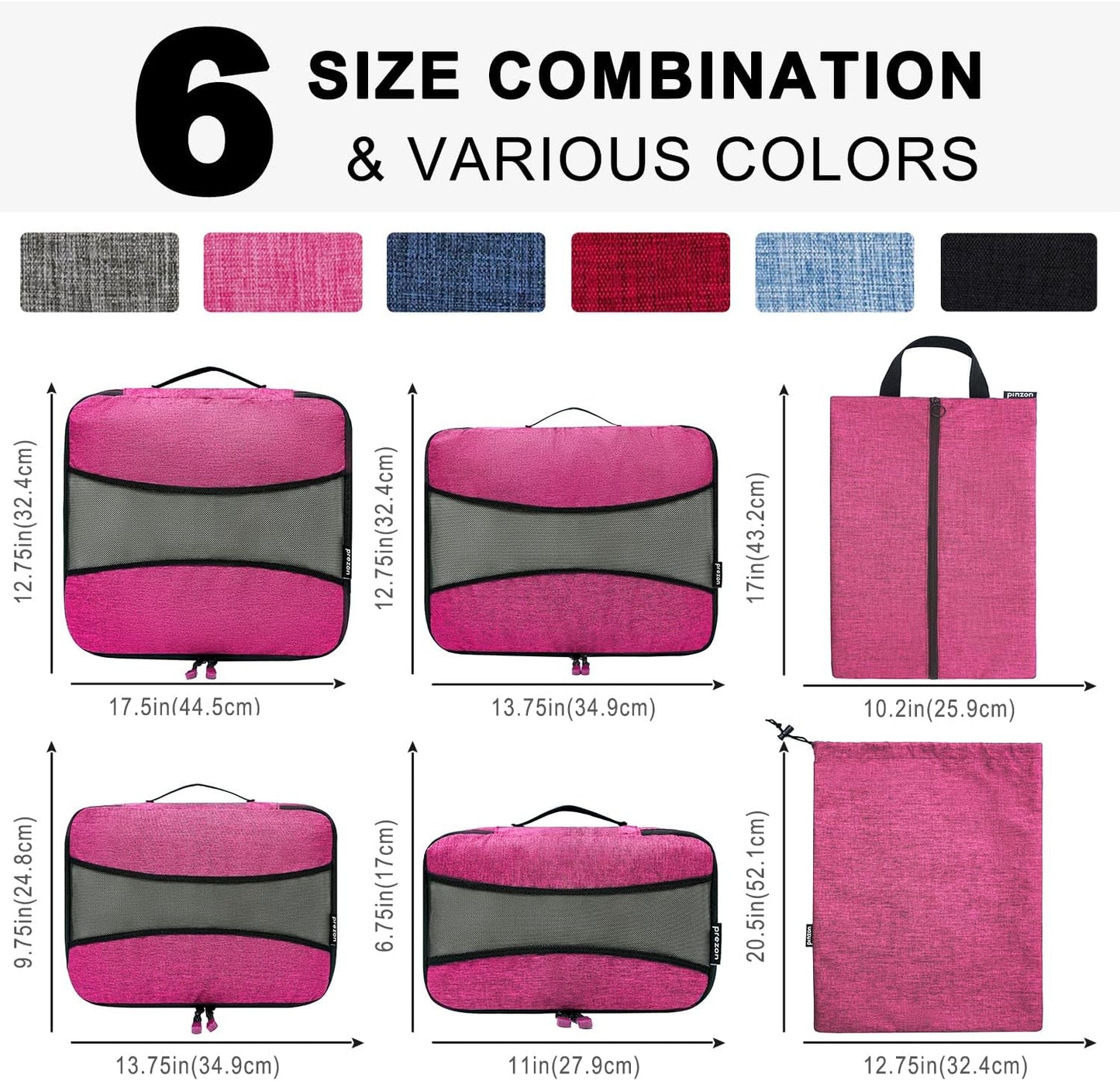 Prezon Set of 6 Packing Cubes, Essential Luggage Bags for Travel Accessories with Laundry Bag and Shoe Bag, Red
