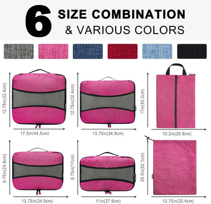 Prezon Set of 6 Packing Cubes, Essential Luggage Bags for Travel Accessories with Laundry Bag and Shoe Bag, Red