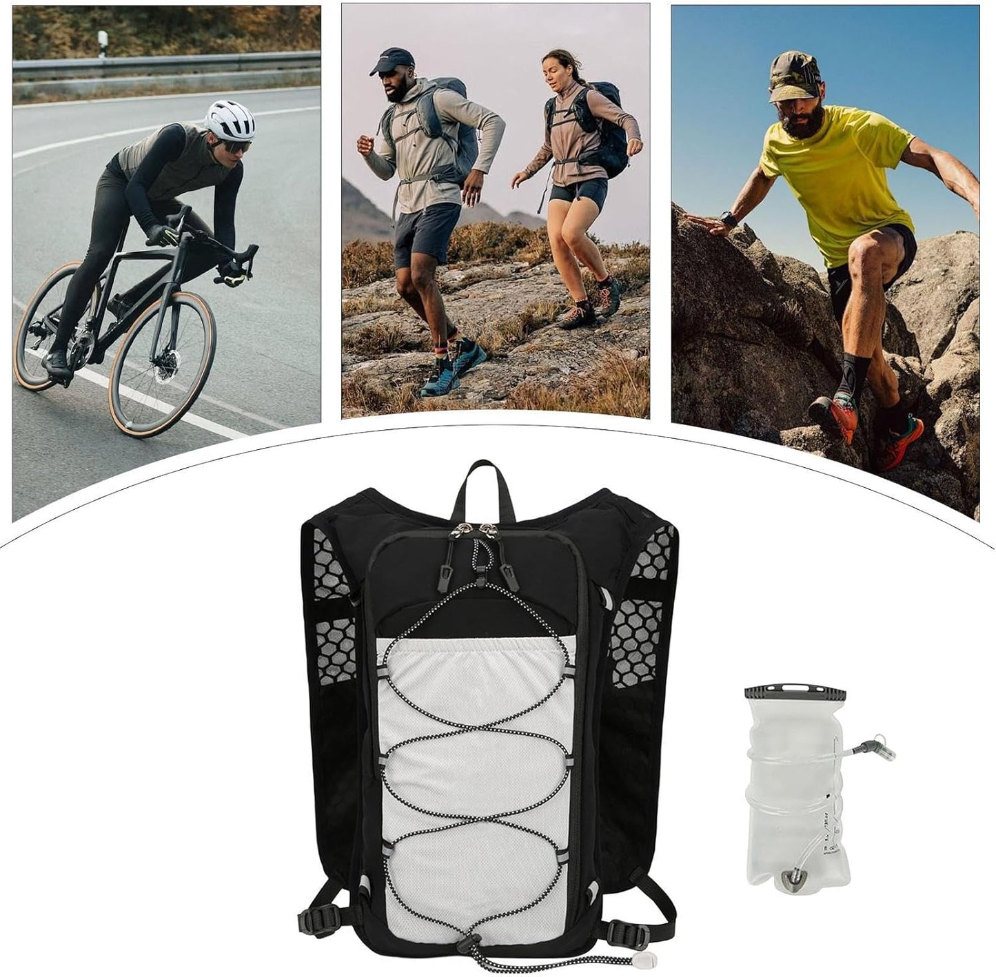 Running Backpack, Reflective Hydration Vest, Breathable Adjustable Sports Bag with 15L Water Bladder, Lightweight Outdoor Gear for Trekking Workout Riding Camping Fishing Travel