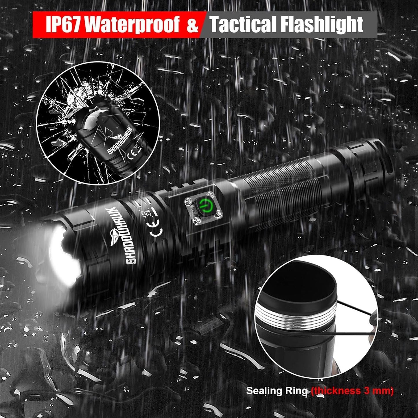 Shadowhawk Flashlight Rechargeable, Tactical Flashlight 250000 Lumens Led Flashlights, XHP70.2 Flash Light Brightest Flashlight Powerful, Military High Power Flashlight Super Bright, Camping Hiking