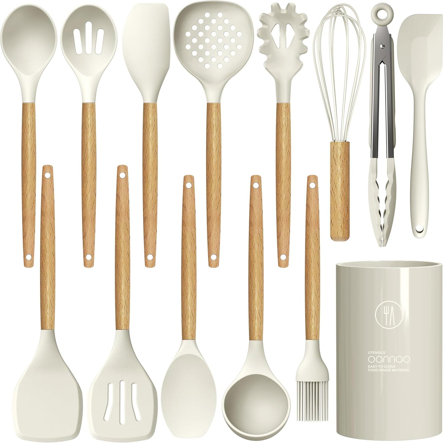 Silicone Cooking Utensils Set - 446°F Heat Resistant Silicone Kitchen Utensils for Cooking,Kitchen Utensil Spatula Set w Wooden Handles and Holder, BPA Free Gadgets for Non-Stick Cookware (Khaki)