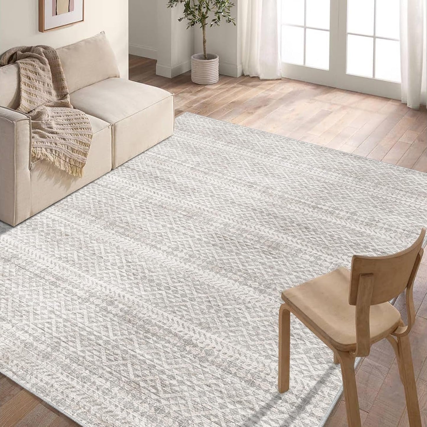 Fortsea 5'x7' Machine Washable Abstract Design Area Rug Machine Washable Area Rugs 5X7, Non Slip, Stain Resistant, Home Decor Living Room Area Rugs 5x7 (Grey Beige 5x7)…