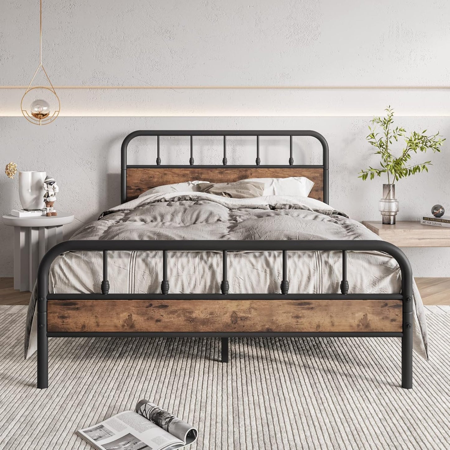 Elegant Home Products Full Bed Frame with Wood Headboard and Footboard,Sturdy Steel Slats,Metal Platform Bed Frame,No Box Spring Needed,Noise Free Mattress Foundation Black & Rustic Brown