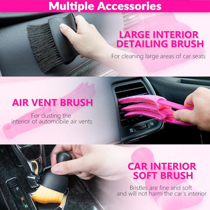 Car Cleaning Kit, Car Vacuum Detailing Kit Interior with High Power Handheld Vacuum, Including 7Pcs Detailing Brush Set, Windshield Cleaner, Pink Car Accessories for Women