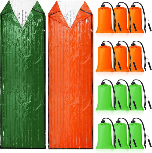 Qunclay 12 Set Emergency Sleeping Bag Survival Bivvy Sack Blanket with Whistles Lightweight Portable Thermal Survival Bag Thick Tent with Hood Extension Nylon Stuff Sack (Orange, Green,82.7 x 35.4 in)