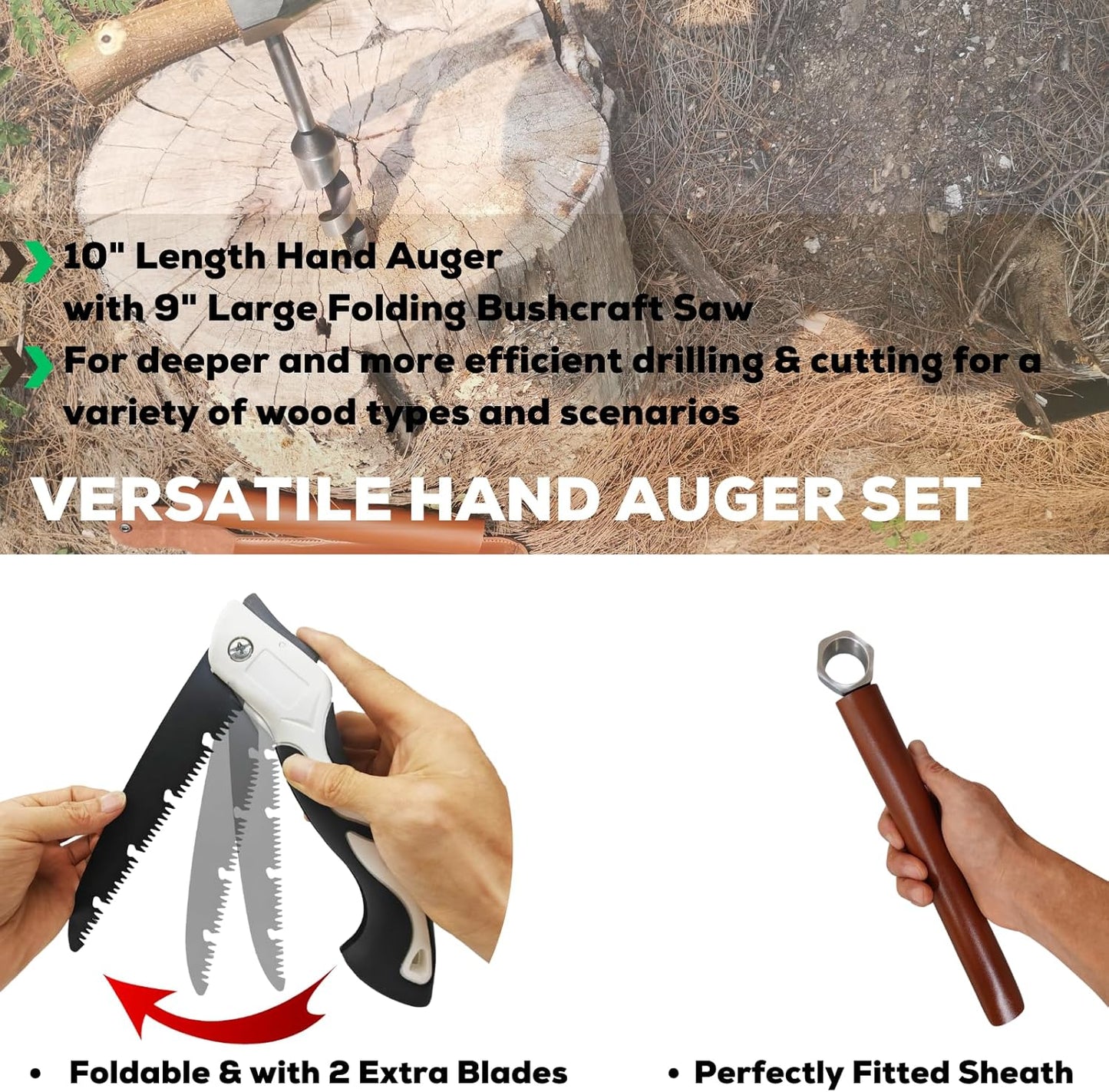 MinliGUY Hand Auger Wood Drill, Upgrade Welds Bushcraft Auger w/ Sharp Scottish Eye, Survival Tools for Bushcraft Projects/ Camping/Outdoors, 1*10inch Settlers Wrench & Folding Saw Kit, Bushcraft Gear