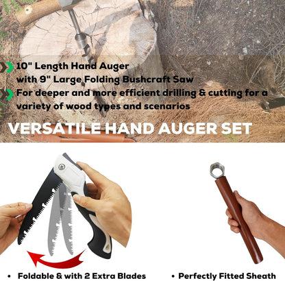 MinliGUY Hand Auger Wood Drill, Upgrade Welds Bushcraft Auger w/ Sharp Scottish Eye, Survival Tools for Bushcraft Projects/ Camping/Outdoors, 1*10inch Settlers Wrench & Folding Saw Kit, Bushcraft Gear