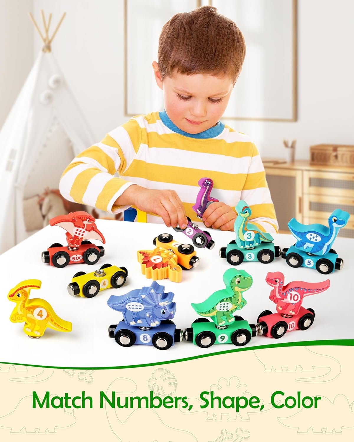Vanmor Wooden Train Set with Dinosaur Toys, Educational Toddler Matching and Magnetic Number Train Learning Toys for Kids Ages 3-5, Montessori Gift for Boys and Girls who Love Trains and Dinosaurs