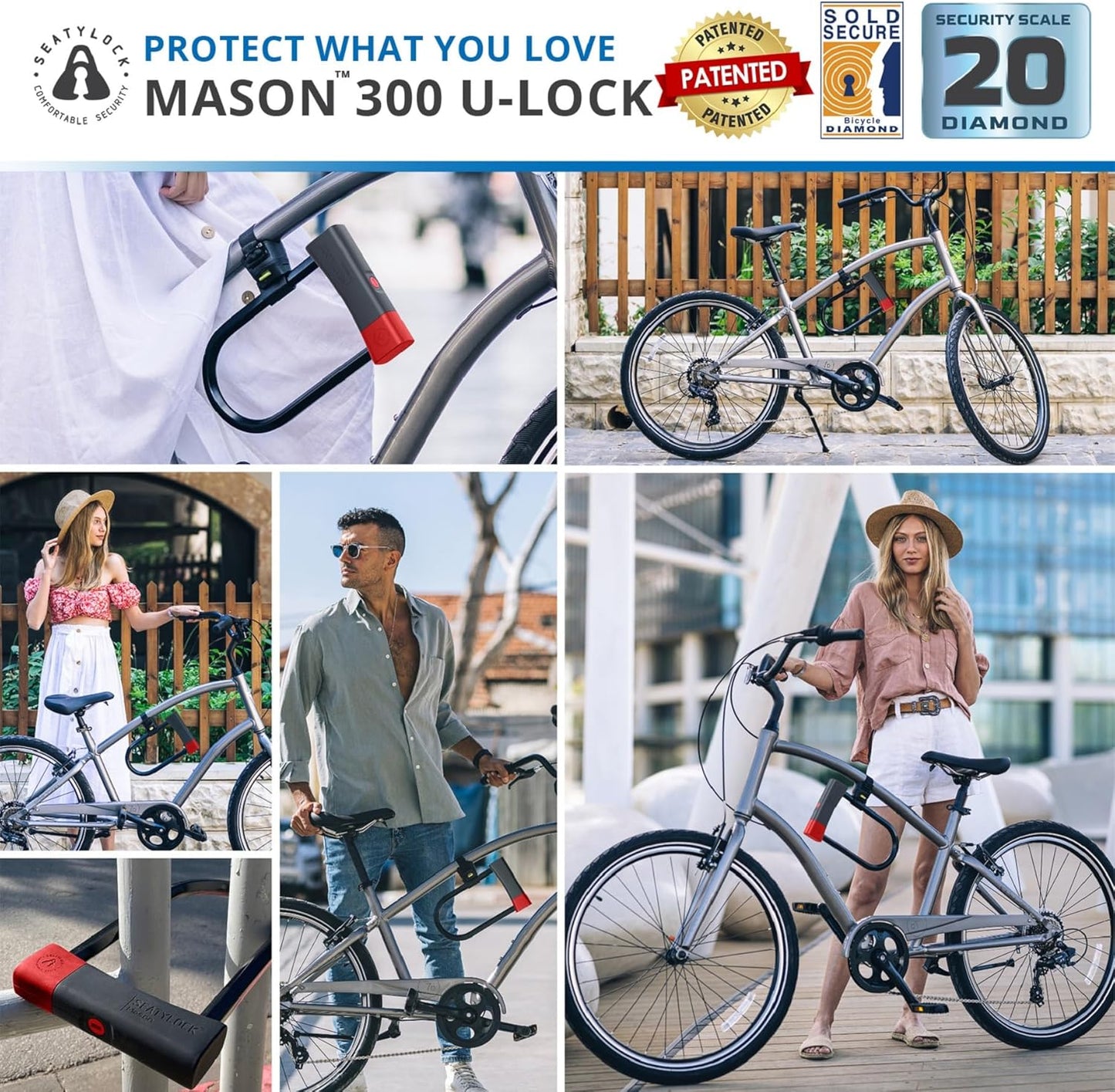 SeatyLock Mason Bike U Lock - Patented Anti-Theft Bicycle Lock - Super Wide Safety Master Tool ULock with Keys for Electric Bikes, Scooters and Motorcycles (30cm)