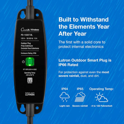 Lutron Caséta Weatherproof+ Outdoor Smart Plug On/Off Switch | Works with Alexa, Google Assistant, Ring, Apple HomeKit (Smart Hub Required) | for Landscape and String Lighting | PD-15OUT-BL | Black