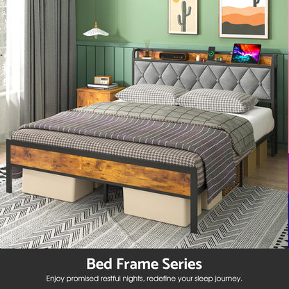 Ufurniture Bed Frame Double Size Metal Frame Storage Headboard with Charging Station and USB Ports Retro (Double)