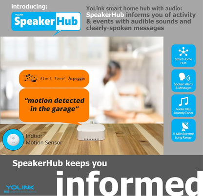 YoLink SpeakerHub & Two Motion Sensor Smart Home Starter Kit – Audio Hub Plays Tones/Sounds, Spoken Messages, LoRa-Powered ¼ Mile Range