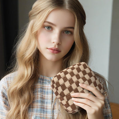 KOTORA 3pcs Checkered Mini Makeup Bag Pocket Cosmetic Bag Portable Aesthetic Preppy Makeup Bag for Women Mini Travel Makeup Organizer Storage Car Accessories (Black Green Brown)