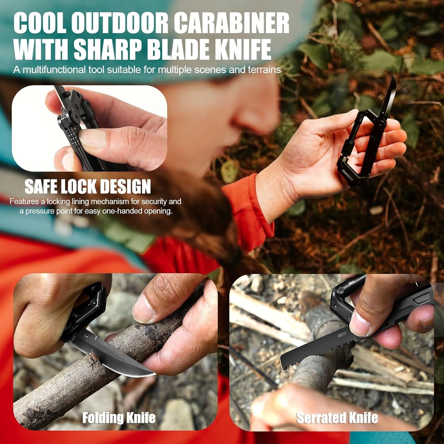 Carabiner Multitool, EDC Carabiners with Pocket Knife, Serrated Knife, Rope Cutter, Screwdriver, Can Bottle Opener, Ruler, Survival Gear for Camping Climbing Outdoor Accessories, Gifts for Men