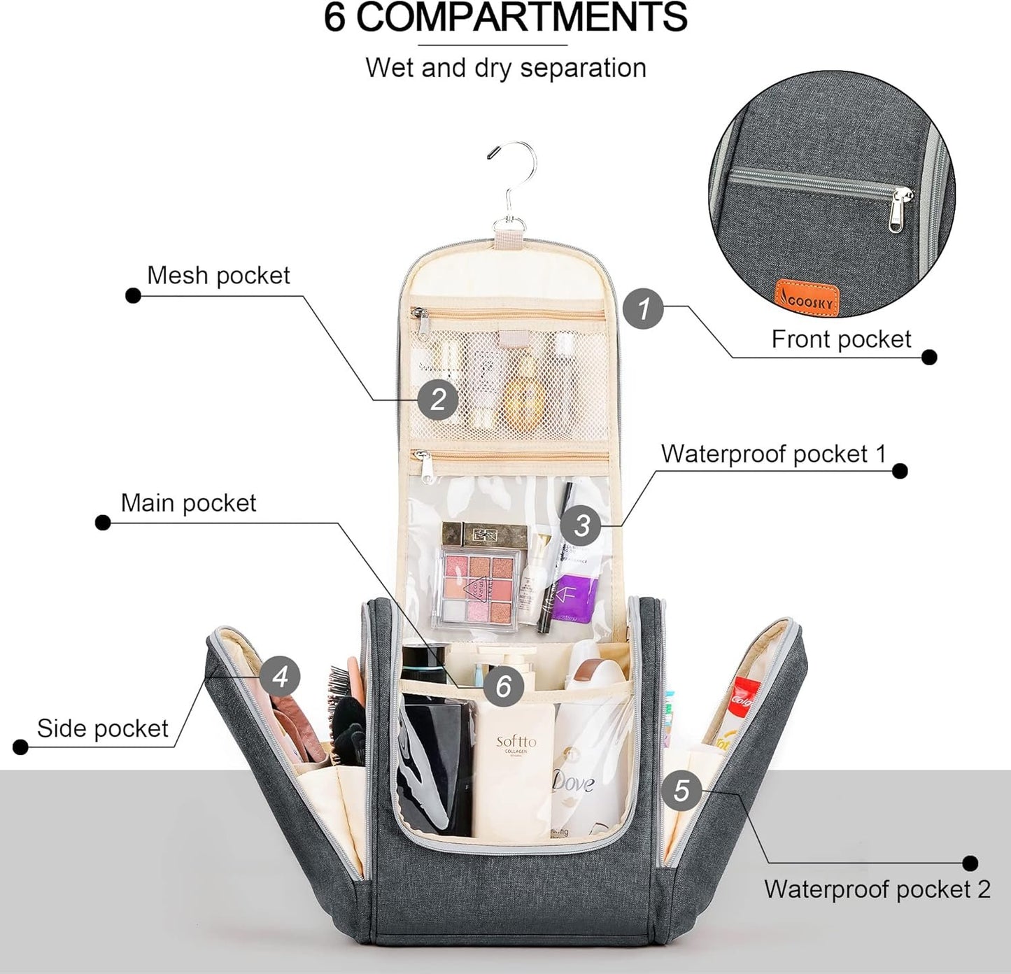 COOSKY Extra Large Hanging Travel Toiletry Bag for Women and Men, Hygiene Bag, Bathroom and Shower Organizer Kit with Elastic Band Holders for Toiletries, Cosmetics, Makeup, Brushes, Grey, Extra Large