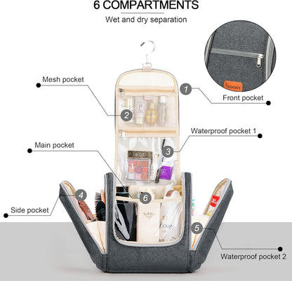 COOSKY Extra Large Hanging Travel Toiletry Bag for Women and Men, Hygiene Bag, Bathroom and Shower Organizer Kit with Elastic Band Holders for Toiletries, Cosmetics, Makeup, Brushes, Grey, Extra Large