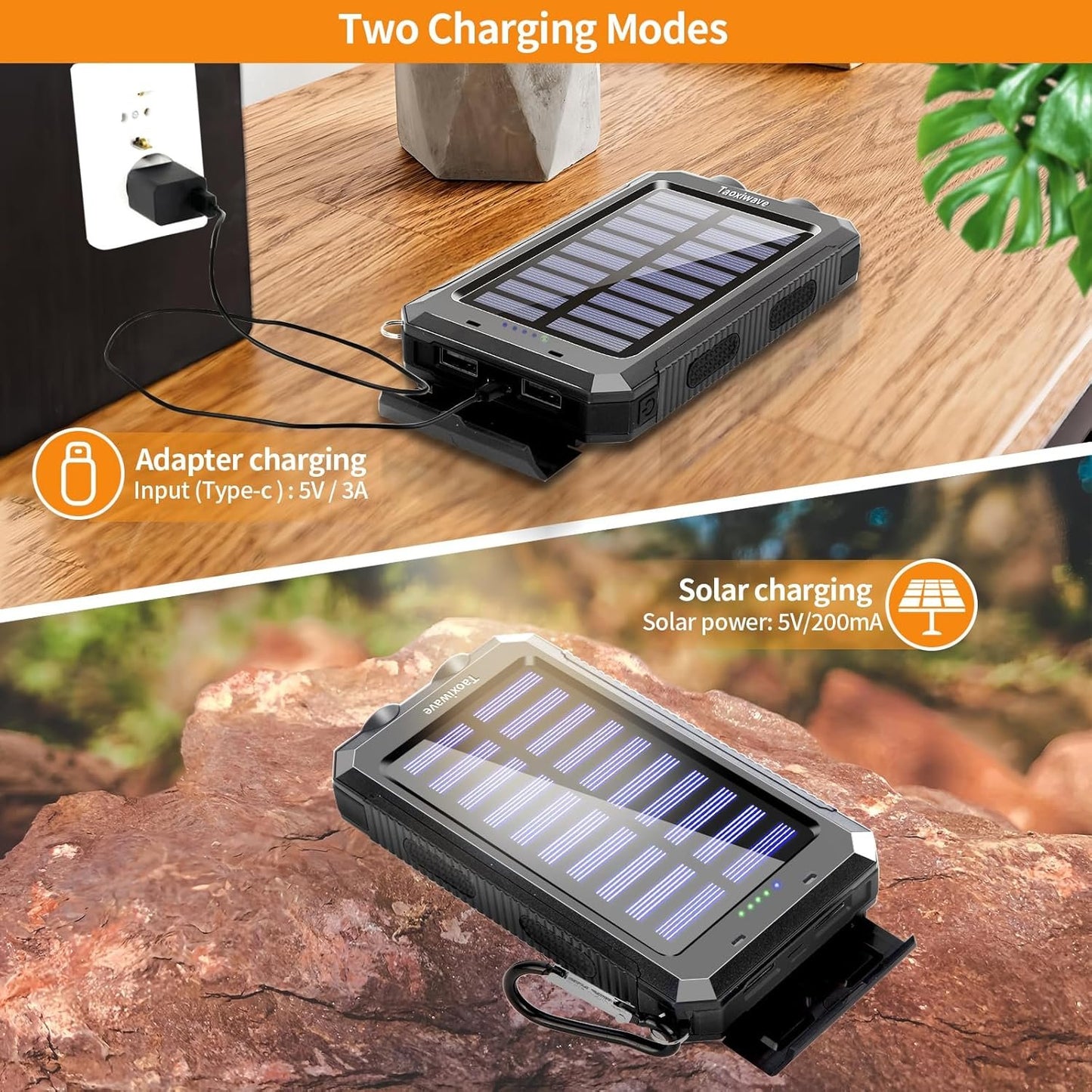 Solar Power Bank, Portable Charger,Fast Charging 38800mAh Waterproof Portable External Backup Battery Pack Power Bank,Camping Solar Charger with Dual USB/Flashlight and Compass (Black)