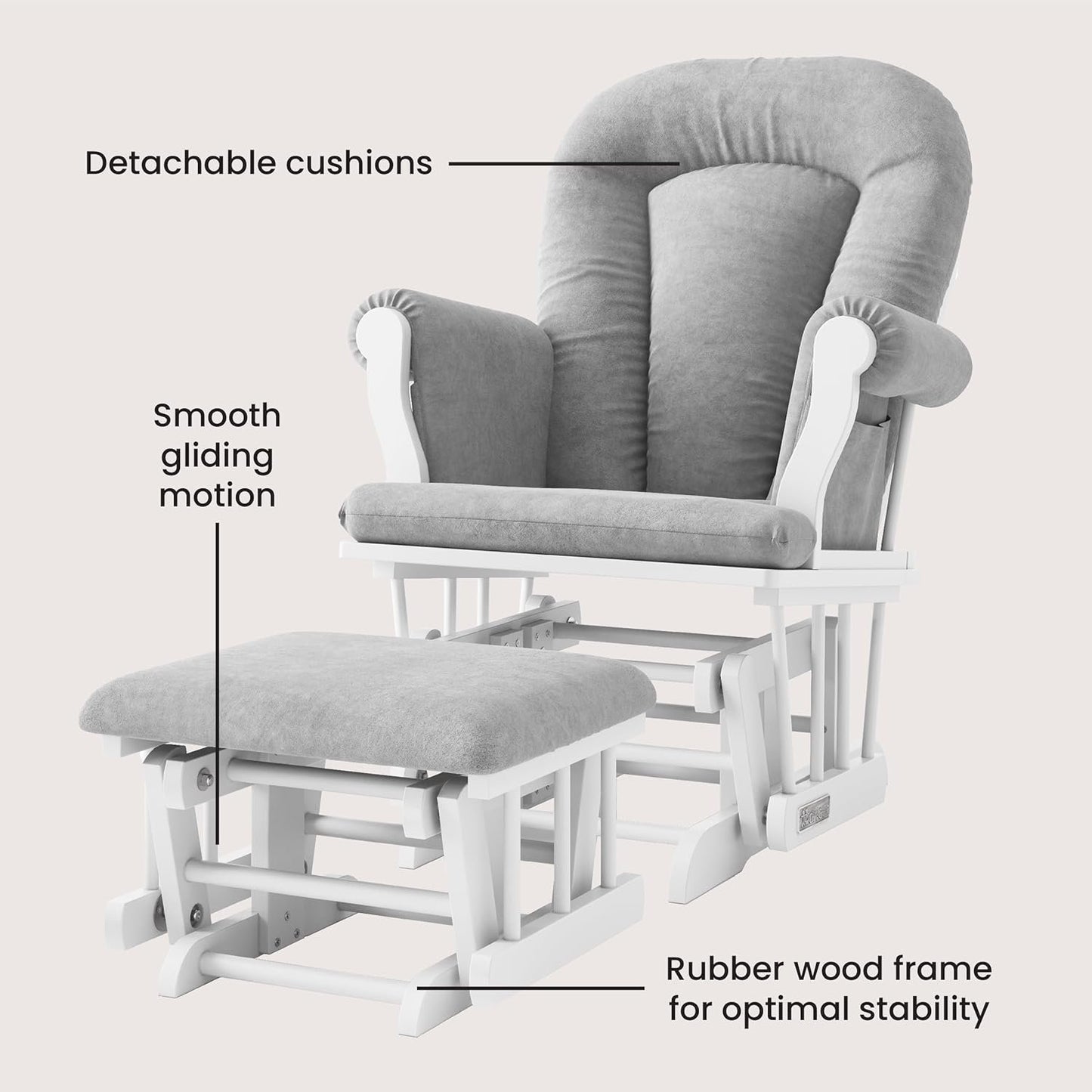 Child Craft Cozy Glider Rocker and Ottoman Set, Padded Cushion with Convenient Storage Pockets, Solid Wood Base & Frame (Matte White with Light Gray Cushion)