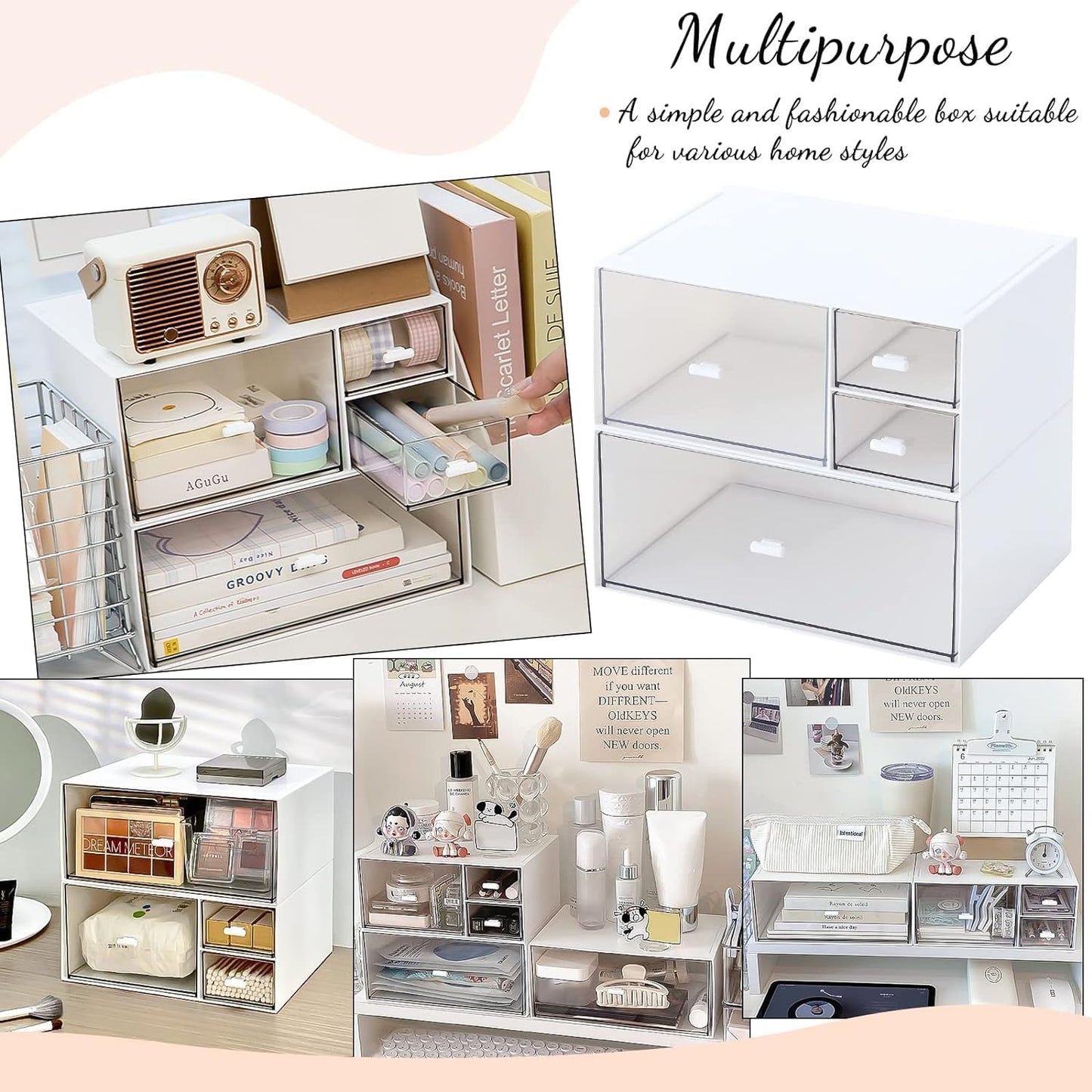 Desk Drawer Organizer, Transparent Makeup Organizer Storage Box with 4 Removable Plastic Drawers, Desk Storage and Accessories for Home Collection Cosmetics Office Bathroom Counter Dressing Table