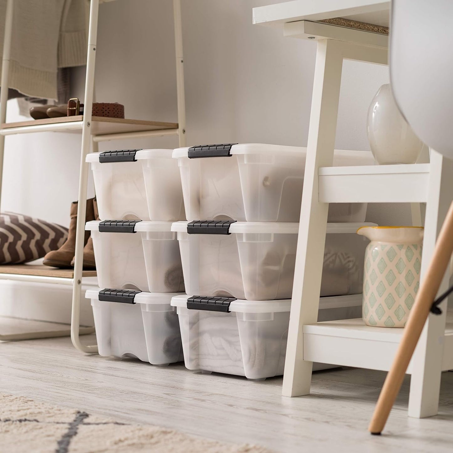 IRIS USA 12 L Plastic Storage Box with Lid and Latches - 6 Pack - BPA-Free, Discreet Organizing Solution, Durable Nestable Stackable Containers, Secure Pull Handle - Pearl