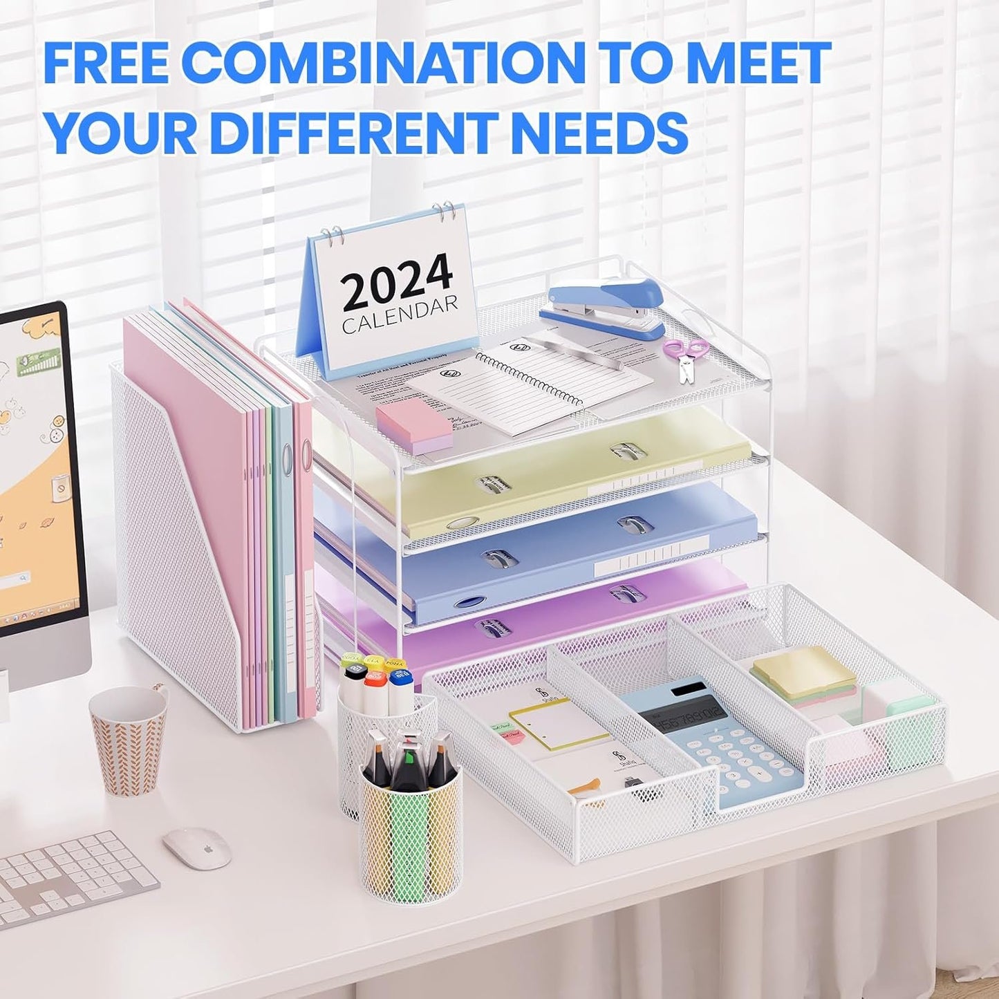 OPNICE Desk Organizers and Accessories, 4 Tier Tray Letter Paper Organizer with Vertical File Folder Holder Organizer, Desktop Organization and Desk Accessories for Office Suppliesï¼ˆWhiteï¼‰